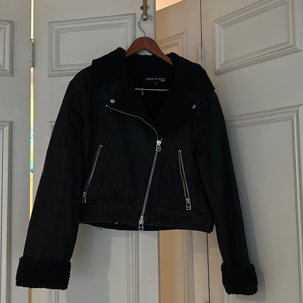 Veronica beard denim and shearling moto jacket